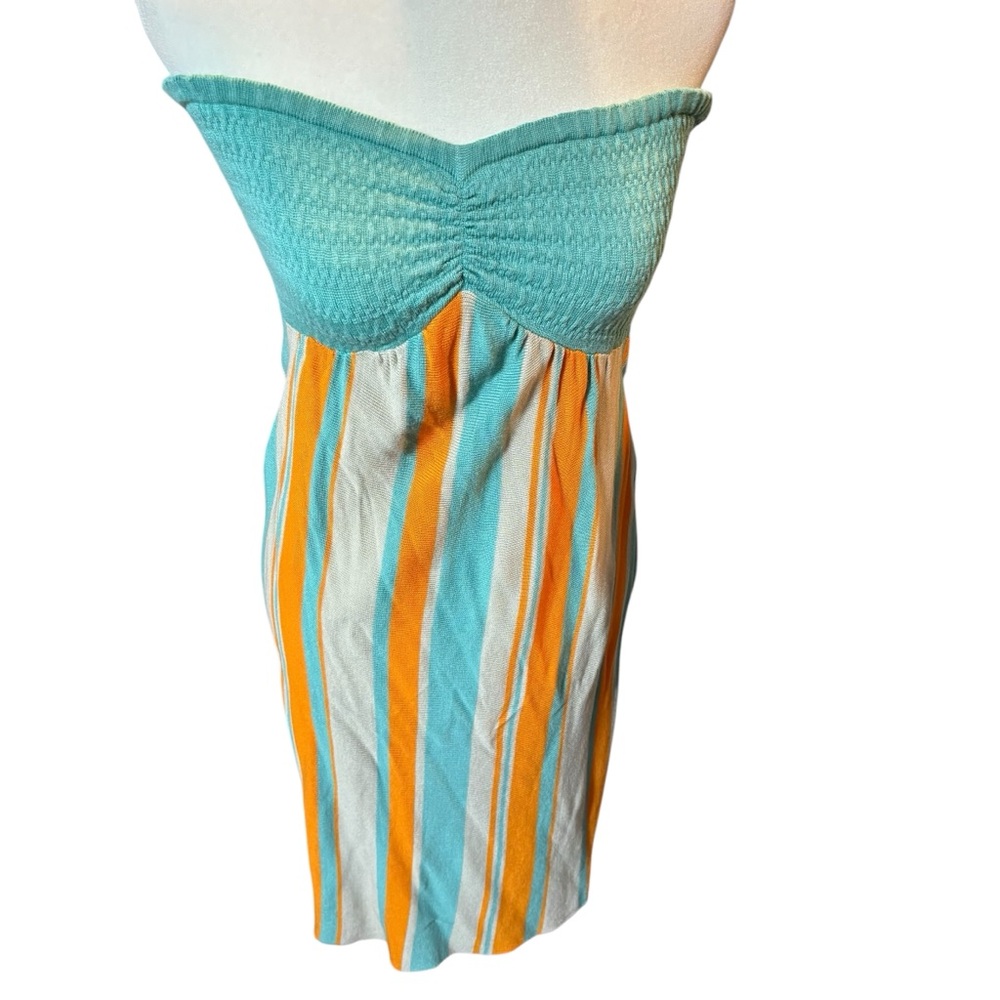 Juno New York Strapless Smocked Tube Dress Orange Teal Striped Mini S/CHICO #17